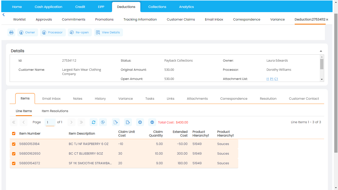 Automated linking of claims and proof of deliveries with the deductions