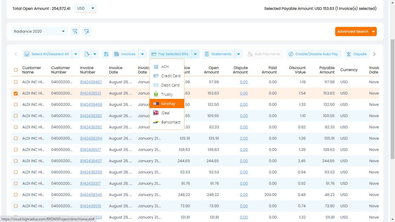 EIPP buyer portal supports global payment methods such as ACH, Credit Cards, PayPal, GiroPay