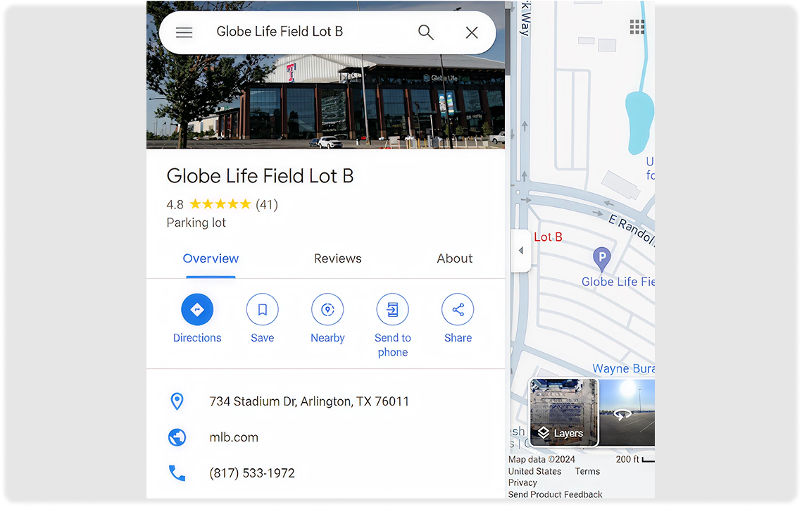Google Maps screenshot of Globe Life Field Lot B