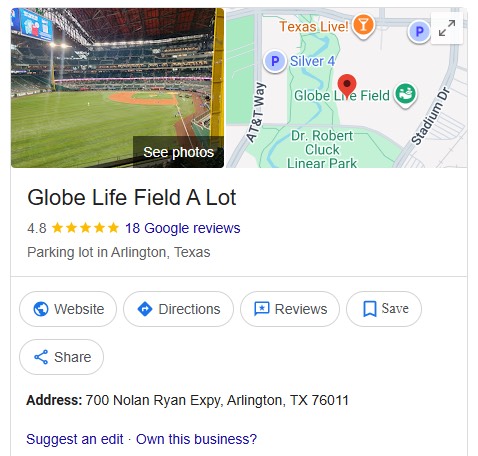 Google Maps screenshot of Globe Life Field Lot A
