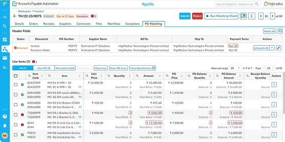 A software screen cross-referencing a vendor invoice with the purchase order and receiving report to verify billing accuracy.