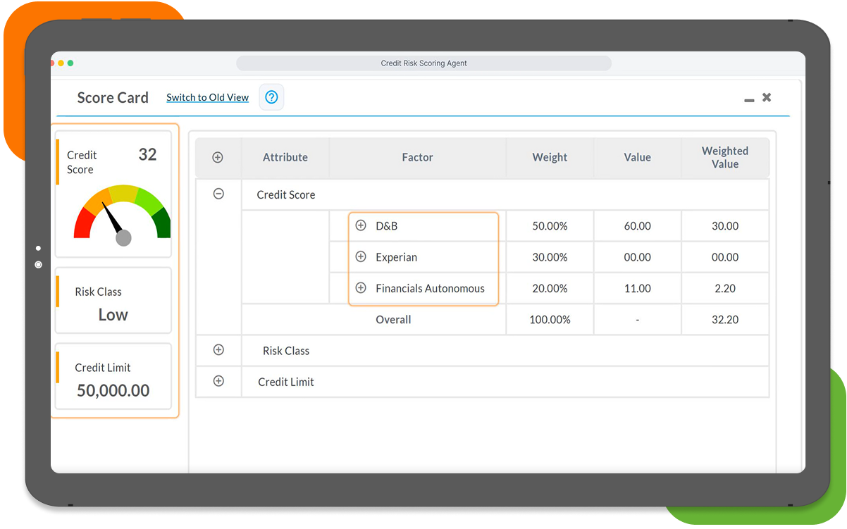 Credit scoring engine dashboard showing real-time risk score and predictive analytics