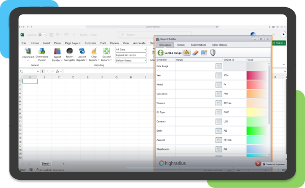 Report Builder interface in Excel for creating automated, real-time custom financial reports with flexible dimension settings