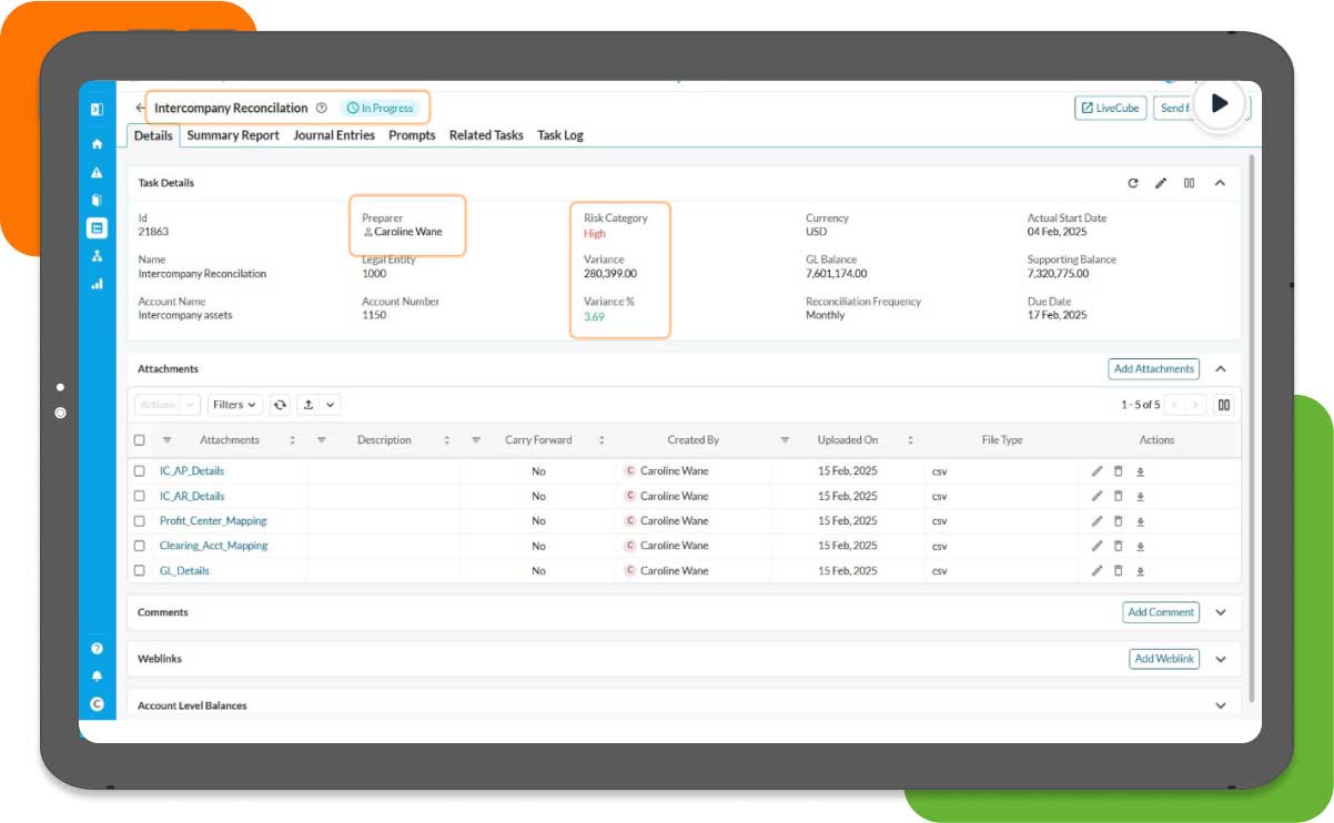 HighRadius account reconciliation system interface for intercompany matching, automating 90% of manual entries and resolving sub-ledger discrepancies across global entities