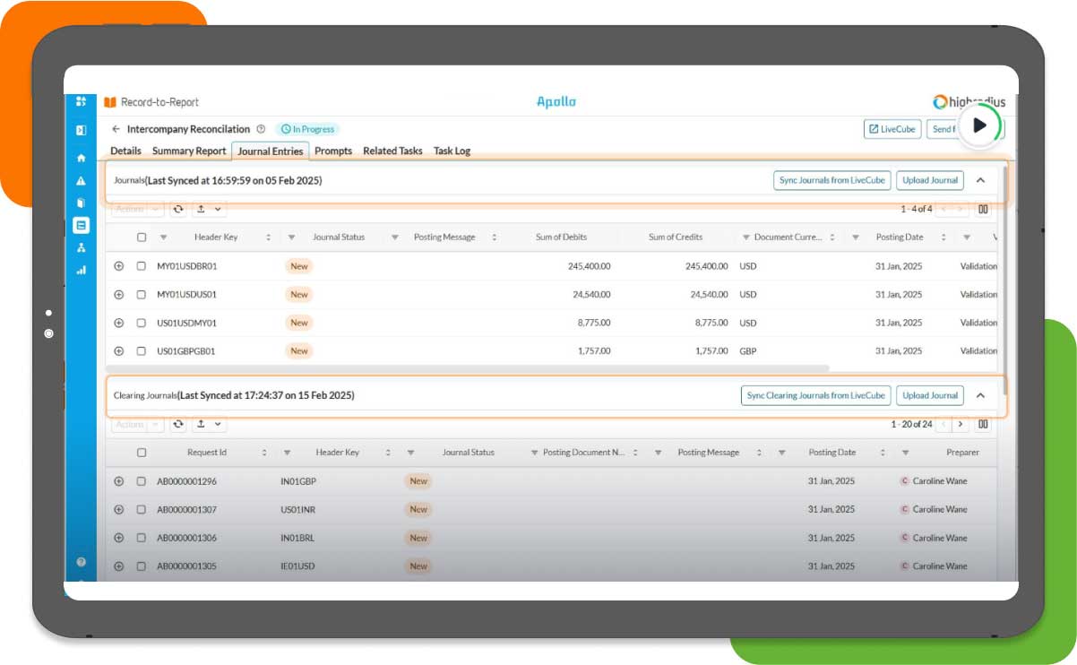 HighRadius account reconciliation tool demonstrating automated journal entries to eliminate manual data entry and accelerate financial close.