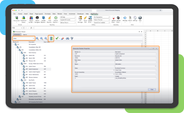 Automated COA mapping screen showing subsidiary data extraction and dimensional mapping to unify global financial reports in a central ERP