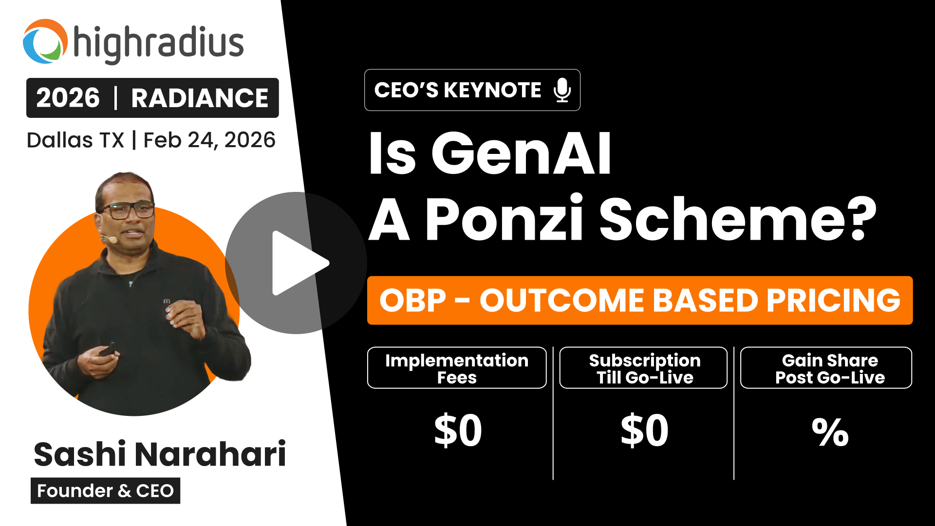 Radiance 2026 CEO keynote: Is GenAI a Ponzi Scheme? Launch of outcome-based pricing, AQ - Algo Quotient, $0 Implementation Fees, $0 Subscription Fees, % Gain Share Post Go-Live